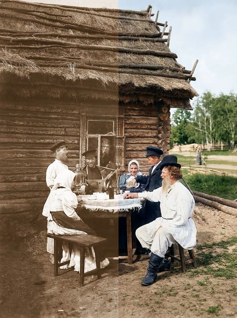 Восстановление сельского фото — слева плёночный оригинал, справа результат нейросети